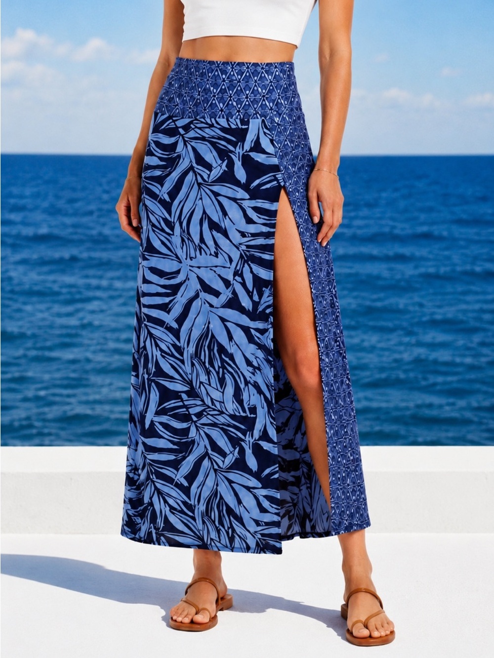 Free People Turning Tide Print Maxi Sarong Skirt Blue Side Slit Size S